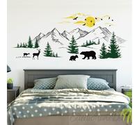 Mountain Landscape Wall Decal with Birds and Pine Trees - Removable Vinyl Stickers for Kids Room, Nursery, or Playroom Decor.