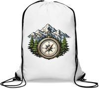 Mountain landscape with vintage compass Gym Sack Casual Drawstring Bag White