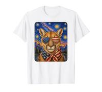 Mountain Lion Wearing USA Flag Glasses American Art Value Graphic T-Shirt, Men, White, L