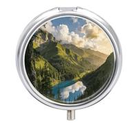 Mountain Mirror Round Pill Box with Mirror 3 Compartment Portable Pill Case for Travel Outdoor Use Cute Small Pill Organizer for Pocket Or Purse