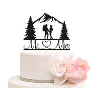 Mountain Mr & Mrs Wedding Cake Topper, Black Glitter Hiking Theme Wedding Party Decoration, Black Backpacking Bride and Groom Silhouettes Cake Toppers