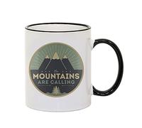 Mountain Mug, Wanderlust Camping Mug, The Mountains are Calling, Campfire Mug, Adventure Mug Gift for Hiker, Coffee, Tea Mug 11oz Ceramic Rim Mug. (Black Rim)