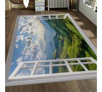Mountain Nature Washable Rugs 100x150cm Window View Green Area Rug | Scenic Large Floor Carpet Non Slip Indoor Mat for Living Room Bedroom Farmhouse Modern Home Decor