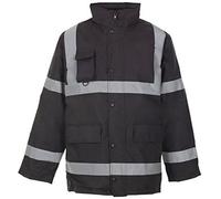 Mountain Pass Hi Viz 3/4 Length Parka Reflective Tape Waterproof Quilted Work Jacket Coat High Vis Safety Workwear Security Road Works Concealed Hood Fluorescent Flashing Black XXLarge