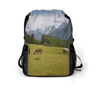 Mountain Pasture Grazing Horses Sports Drawstring Backpack,Packsack with Shoe Compartment And Wet Proof Pocket for Youth