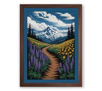 Mountain Path Through Wildflowers Boho Framed Wall Art Print A4 (29.7×21cm) Walnut, Wall Decor for Living Room, Bedroom, Office & Home, Ready to Hang, Art Gift
