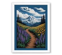 Mountain Path Through Wildflowers Boho Framed Wall Art Print A4 (29.7×21cm) White, Wall Decor for Living Room, Bedroom, Office & Home, Ready to Hang, Art Gift