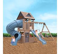 Mountain Peak Climbing Frame GM52008 - Twin Slides, Upper Clubhouse with Telescope, Rock Wall, Chalk Wall, Steering Wheel & Swing Beam