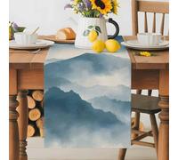 Mountain Peak Table Runner 18x72 Inches Long Modern Mist Teal Blue Ink Wash Gradient Fog Country Cotton Linen Table Runner Burlap Style for Dinner Table Party Decor Tabletop Decorations