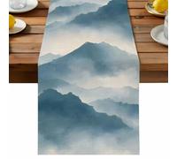 Mountain Peak Table Runner, Modern Mist Teal Blue Ink Wash Gradient Fog Country Cotton and Table Linen Runner for Kitchen Dining Home Decor for Party Festival Holiday Decoration Gift 18x72in