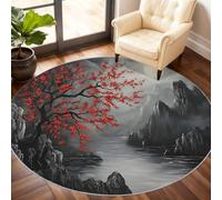 Mountain Range Round Rug 240cm, Cherry Blossoms Circle Rugs, Chinese Style Rug, Washable Round Carpet for Kitchen Dining Living Room Bedroom Under the Coffee Table