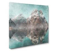 Mountain Reflections In Norway Painting Modern Canvas Wall Art Print Ready to Hang, Framed Picture for Living Room Bedroom Home Office Décor, 14x14 Inch (35x35 cm)