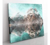 Mountain Reflections In Norway Painting Modern Canvas Wall Art Print Ready to Hang, Framed Picture for Living Room Bedroom Home Office Décor, 50x50 cm (20x20 Inch)