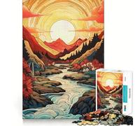Mountain River at Sunset Illustration 1000 Piece Jigsaw Puzzles for Adults Teenagers Mind Puzzle Stress Free Art Assembly Thoughtful Gift (38x52cm)