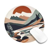 Mountain River Landscape Mouse Pad, Earthy Tones Roaring River & Sunset Design, Stitched Edge Gaming Mousepad, Rubber Non-Slip Washable Office Desk Accessory Round 8x8 Inch