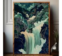 Mountain River Wall Art Japanese Waterfall Painting Abstract Forest Art Poster Blue And Green Abstract Canvas Japanese Style Print Blue And Green Landscape Wall Art Waterfall Artwork 16x24in No Frame