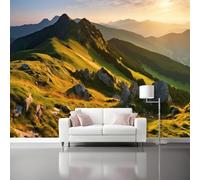 Mountain Scenery Photo Wallpaper Nursery 200 X 140 Cm Non-Woven Premium Green Mountains Grassy Slopes Print Fleece Wall Mural Decoration Poster Picture Design Modern for Living Room Bedroom