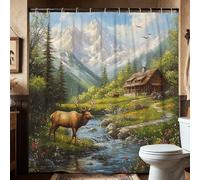 Mountain Scenic Shower Curtain, Nature Inspired Rustic Brown Elk Shower Curtain for Bathroom Decor, Spring Summer Cozy Cabin Style Waterproof Fabric Shower Curtain Set with Hooks 72x72 Inch