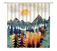 Mountain Shower Curtain Watercolor Natural Sunrise Abstract Mountain Forest Color Landscape Modern Art Bathroom Decoration with Hook Polyester