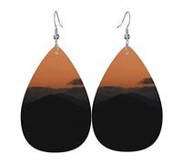 Mountain Silhouette At Sunset Printed Leather Earrings, Women'S Girls Water Droplet Drop Earrings,Tylish And Lightweight, Vivid Color, One Size, No Gemstone, One Size, No Gemstone