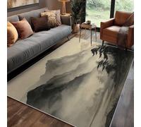 Mountain Small Mats and Rugs, Japanese Pine Landscape Black Grey Watercolor Rug for Bedroom Non Slip Low Pile Washable, Mountain Decor Carpet Home Accessories, 60 x 110 cm