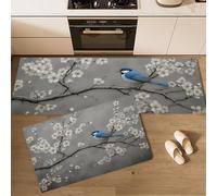 Mountain Sparrow Plum Blossom Branch Kitchen Rug Set 2 Piece with Dark Gray Non Slip Machine Washable Kitchen Mats for Floor Oriental Ink Painting Kitchens Floor Mat Carpet Runner Rugs for Laundry