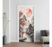 Mountain Stream Door Stickers Peel and Stick Ancient Pavilion Sticker Art Door Wallpaper, DIY Self-Adhesive Decoration Plum Blossom Red Sun Stickers, Waterproof Removable Vinyl Door Mural, 80x215 cm