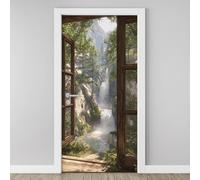 Mountain Stream Waterfall View 3D Door Stickers Self Adhesive, Wooden Window Wallpaper Peel and Stick, Flowers Tree Rock Door Murals, PVC Waterproof Door Decal for Bedroom Living Room 77x200 cm A5j16