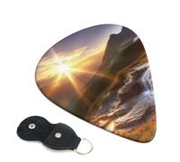 Mountain sunrise landscape Guitar Picks 6 Pack with Leather Guitar Pick Holder Keychain, Plectrum Key Fob Cases Bag, Abstract Art Plectrum for Acoustic Electric Guitar, Ukulele 0.71mm