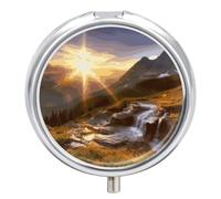 Mountain Sunrise Landscape Pill Box Round Portable Small Pill Case Waterproof Travel Pill Box Organizer for Pocket Purse and Daily Convenience