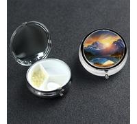 Mountain Sunrise Pill Box with Mirror 3 Compartment Decorative Pill Case for Purse or Pocket Small Round Pill Organizer Weekly Metal Medicine Tablet Vitamin Holder Travel Gift