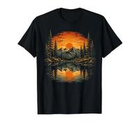 Mountain Sunset Forest Landscape Reflection River Art Value Graphic T-Shirt, Men, Black, M