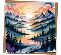 Mountain Sunset Landscape Blank Greeting Card, Watercolor Nature Scene, Square 145mm x 145mm, All Occasion Note Card with Kraft Envelope - Birthday, Anniversary, Thank You