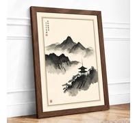 Mountain Temple in Mist Japandi Framed Wall Art Print A2 Walnut