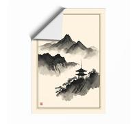 Mountain Temple in Mist Japandi Unframed Wall Art Print A2 (59.4×42cm), Wall Decor for Living Room, Bedroom, Office & Home, Art Gift