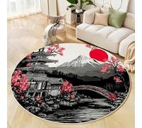 Mountain Temple Round Rugs, 90 Cm Grey Non-Slip Rug, Ink Painting Style Washable Rug, Soft Comfortable Carpet Suitable For Living Room, Bedroom And Children'S Room