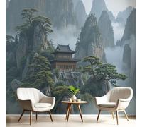 Mountain Temples Wall Mural Photo Wallpaper, Aerial View Surrounded by Clouds and Mist 3D Printed Mural, Murals Wall Art Print for Bedroom Living Room Dining Room Home Decoration 150×105 Cm Grey