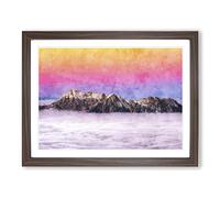 Mountain Through The Clouds Painting Modern Art Framed Print | A4 Walnut Framed Wall Art | Ready to Hang | Modern Landscape Picture | Living Room Bedroom Lounge Office