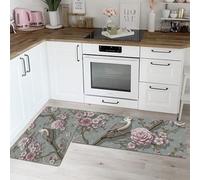 Mountain Tits And Wildflower Branches 2 Pieces Kitchen Floor Mats Rugs, Traditional Classical Kitchen Rugs Non Slip for Decoration, 50x80cm+50x120cm Door Mats for Hallway Dining Room Entryway - Pink