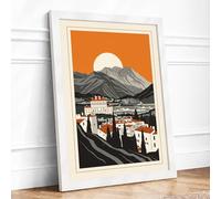 Mountain Town at Dusk Retro Framed Wall Art Print A1 (84.1×59.4cm) White, Wall Decor for Living Room, Bedroom, Office & Home, Ready to Hang, Art Gift