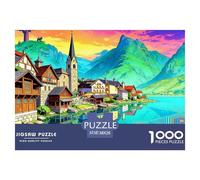 Mountain Town Jigsaw Puzzles Puzzles for Adults Kids. 1000 Piece Church by Lake Impossible Challenge Toy Educational Games Home Decoration for Adults& Kids Age 14 Years Up 38x26cm/1000pcs