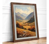 Mountain Valley at Rest Rustic Framed Wall Art Print A2 (59.4×42cm) Walnut, Wall Decor for Living Room, Bedroom, Office & Home, Ready to Hang, Art Gift