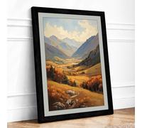 Mountain Valley at Rest Rustic Framed Wall Art Print A3 (42×29.7cm) Black, Wall Decor for Living Room, Bedroom, Office & Home, Ready to Hang, Art Gift