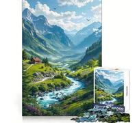 Mountain Valley Cottage by A River Adult Jigsaw Puzzles1000 Pieces Mind Exercise Toy Tension Relief Design Assembly Lovely Present (38x26cm)