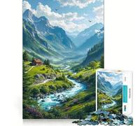 Mountain Valley Cottage by A River Jigsaw for Teenagers 1000 Pieces Memory Boost Relaxing Fun Pattern Assembly (50x75cm)