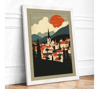 Mountain Valley Town Art Deco Framed Wall Art Print A3 (42×29.7cm) White, Wall Decor for Living Room, Bedroom, Office & Home, Ready to Hang, Art Gift