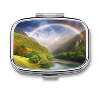 Mountain Valley with Rainbow Pill Box 2 Compartment Portable Pill Case Daily Square Pill Organizer for Pocket Purse Daily Medicine Container to Hold Vitamins Fish Oil Travel Gifts