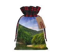 Mountain Valley With Rainbow Print Christmas Drawstring Linen Gift Bags Reusable Fabric Bags With Tags For Christmas Gifts