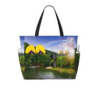 Mountain Valley with Rainbow Print Large Waterproof Beach Tote Bag for Women with Zip and Pockets Foldable Handbag for Travel Pool Shopping Holiday Gym