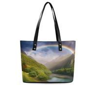Mountain Valley with Rainbow Tote Bag Large Soft Leather Purse with Zipper Lightweight Ladies Shoulder Handbag